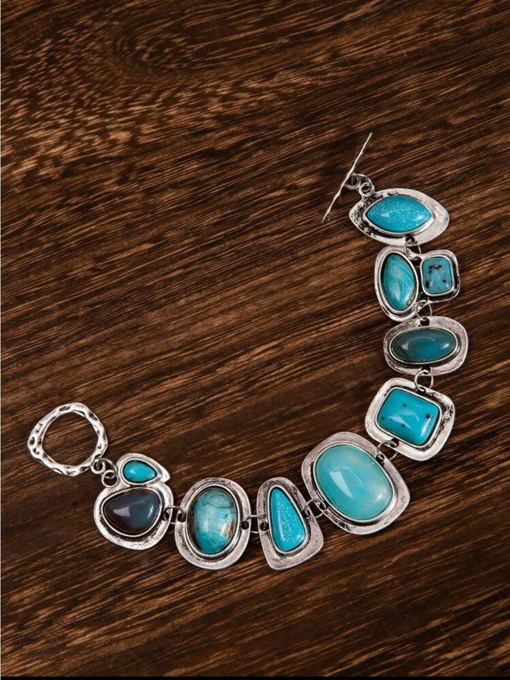 Turquoise Statement Bracelet - Silver-Tone Multicolor Stones - Picture 4 of 6